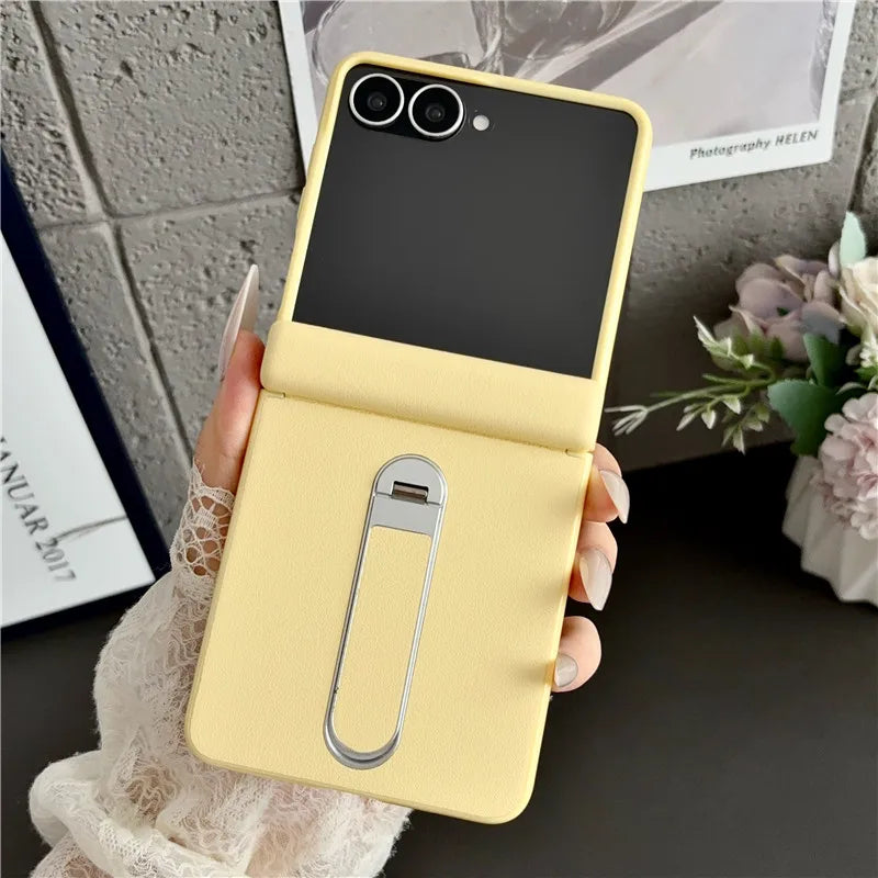 Samsung Galaxy Z Flip 8 Vegan Leather Case - Shockproof Stand Cover with Tempered Glass & Hinge Protection