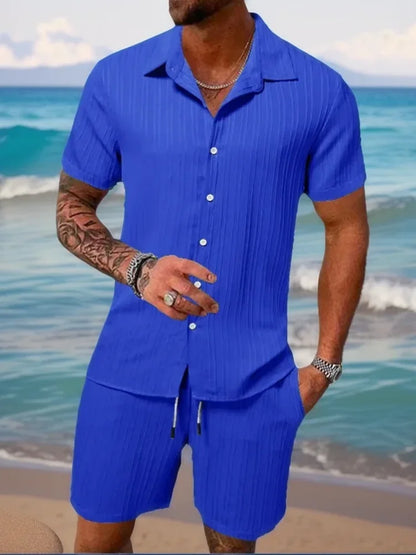 Men's Striped Jacquard Beach Shirt & Shorts Set — Spring Summer Casual Loose Fit, Europe & US Style
