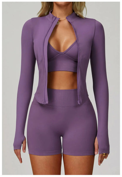 2/3PCS Women’s Seamless Yoga & Gym Set – Push-Up Sports Bra, Long Sleeve Jacket & Workout Leggings
