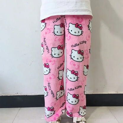 Thick Hello Kitty Fleece Pajama Pants – Soft Double Elastic Anime Trousers for Women, Cute Sanrio Birthday Gift