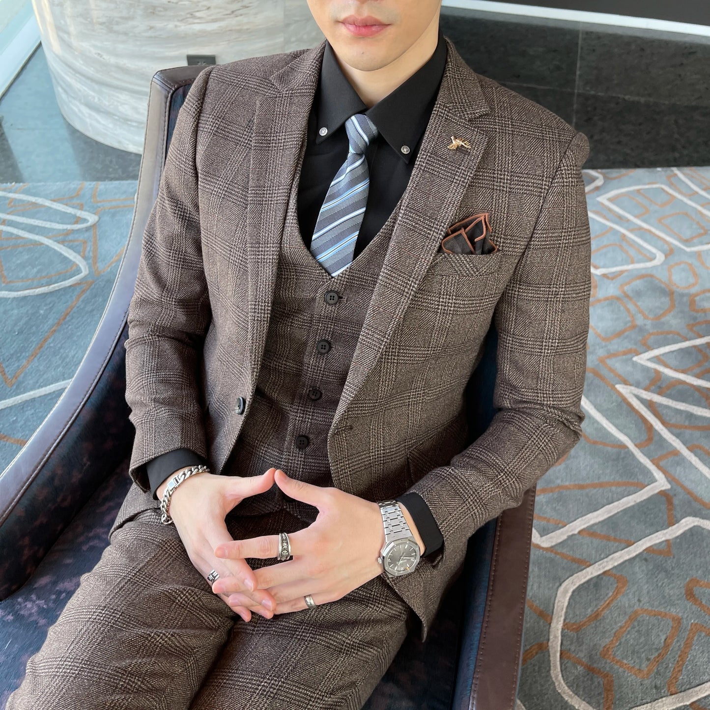 Men’s British Korean Plaid Three-Piece Suit – Stylish Business Casual Set with Blazer, Vest & Trousers
