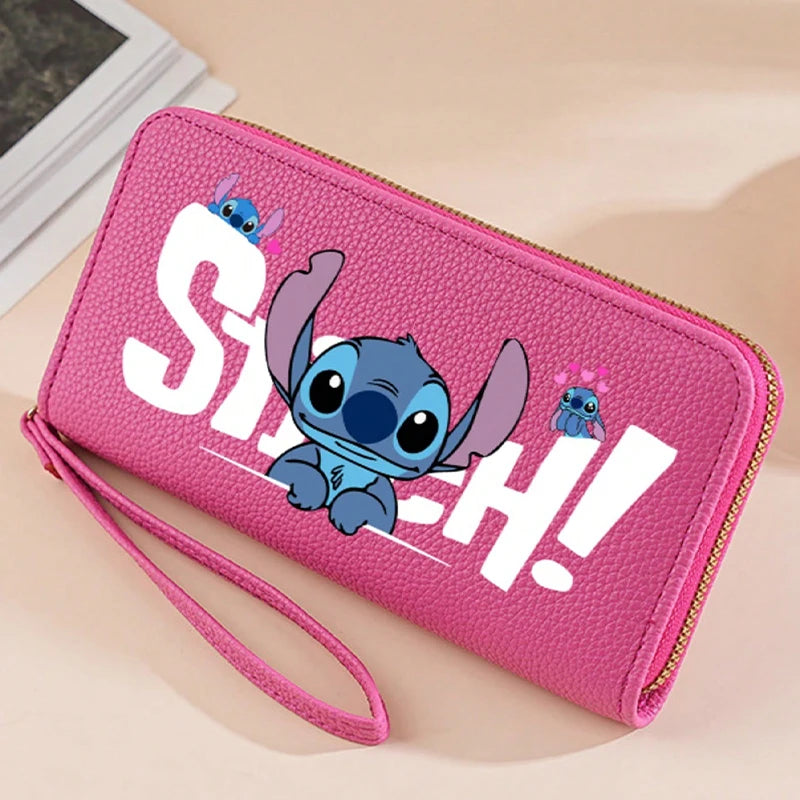 Stitch Long Zip Wallet for Women – Cute Cartoon Print with Wrist Strap, Soft Multi-Card Holder in 4 Colors