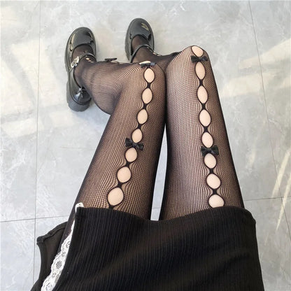 Bowknot Lace Fishnet Pantyhose - Y2K Hollow Out Tights for Women