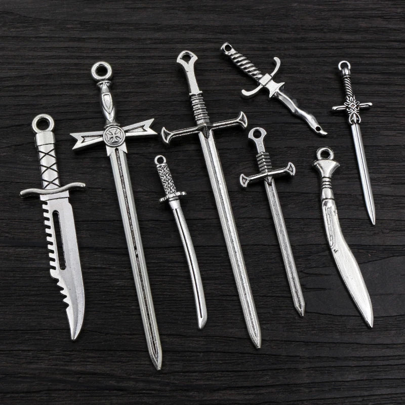 10pcs Antique Silver Sword Charms - DIY Jewelry Making Pendants Necklace Craft Accessories Findings
