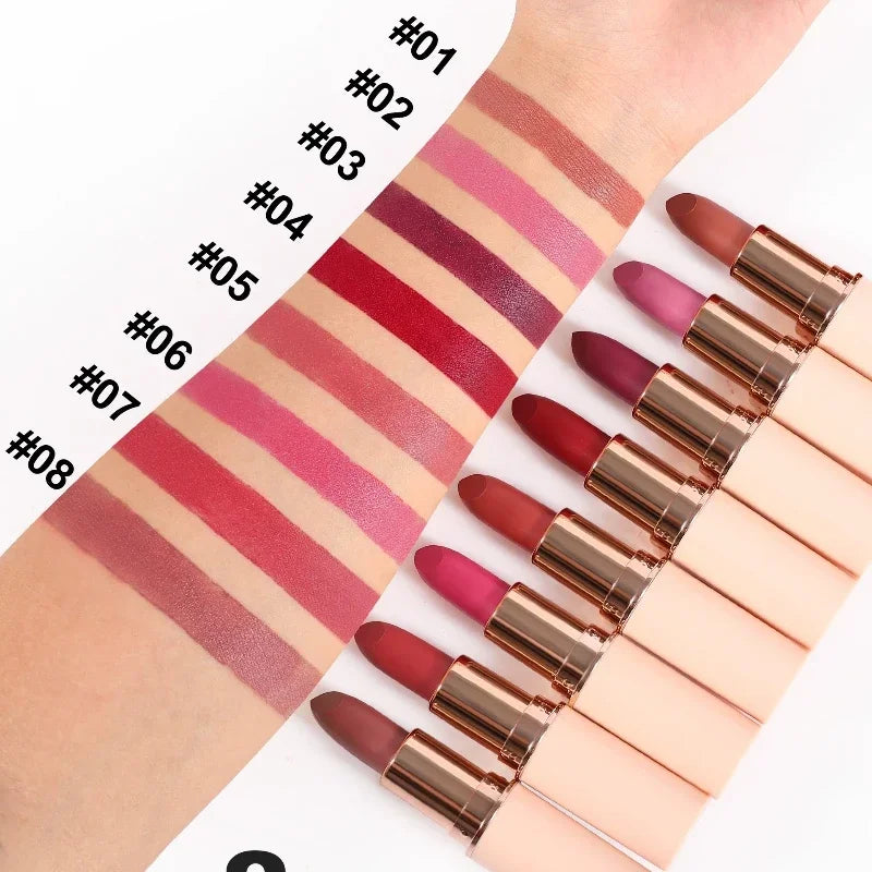 Deep Red Matte Lipstick – 8 Colors, Waterproof, Non-Stick Cup, Velvet Lip Balm, Dark Red Lipsticks for Easy Application