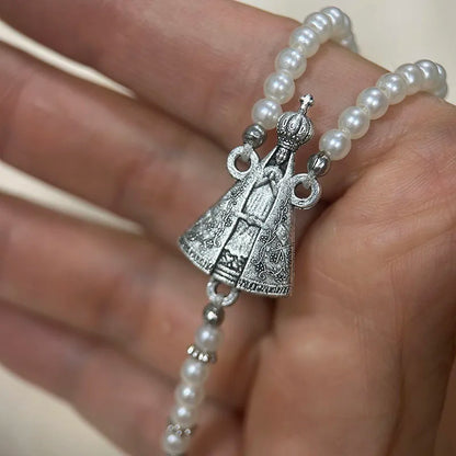 Vintage Virgin Mary Rosary Bracelet – Imitation Pearl Beaded Magnetic Our Lady of Aparecida Cross Prayer Jewelry Gift for Women & Faith Wear