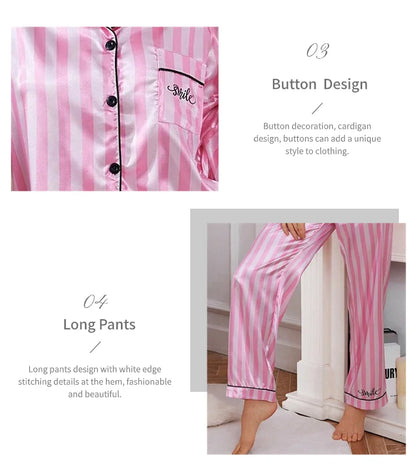 Women’s Stripe Print Satin Pajama Set – Victorian Style Long Sleeve Top & Pants Autumn Sleepwear