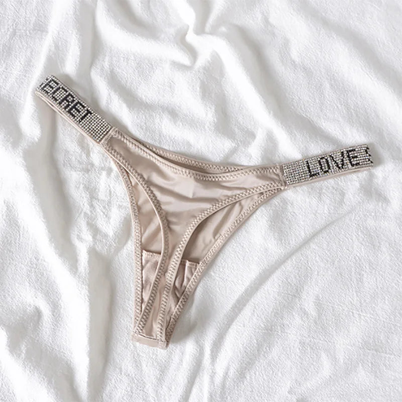 Women’s Sexy Rhinestone G-String Thong – Low Waist T-Back Sports Panties, Diamond Letter Design, Sizes S–XL