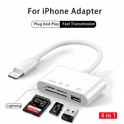 4-in-1 USB Card Reader – SD/TF Card Adapter for iPhone 14/13/12/11 Pro Max & iPad, Lightning Fast Charging for MacBook & Camera