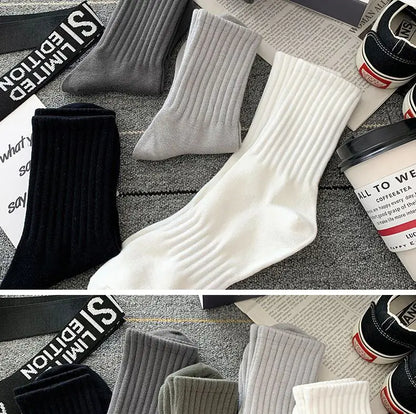 5 Pairs Cool Men's Socks Set – Black & White, Warm Autumn/Winter Sport Short Socks, Solid Color for Men