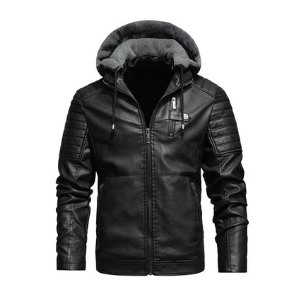 Fashion Men’s Hooded Faux Leather Jacket – Military Style Motorcycle Outwear with Zipper Pockets, Autumn Winter Coat