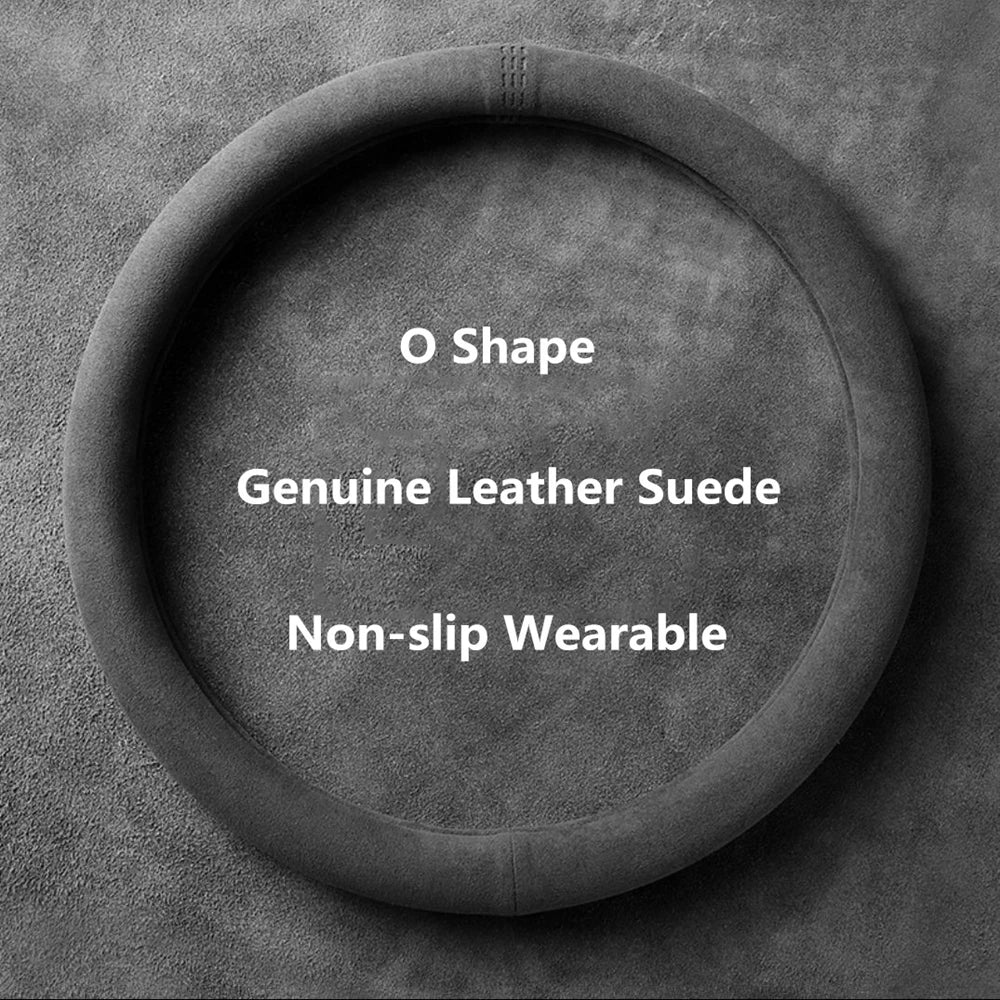 Universal 37–38cm Cowhide Suede Steering Wheel Cover, Breathable Anti-Slip Car Steering Wheel Wrap Accessory
