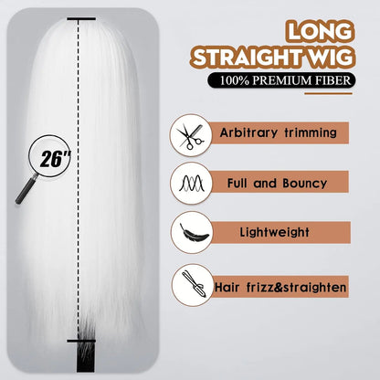 LOUIS FERRE Straight White Synthetic Wig – Long Natural Hair Wig with Bangs, Heat Resistant, Daily Wear for White Women