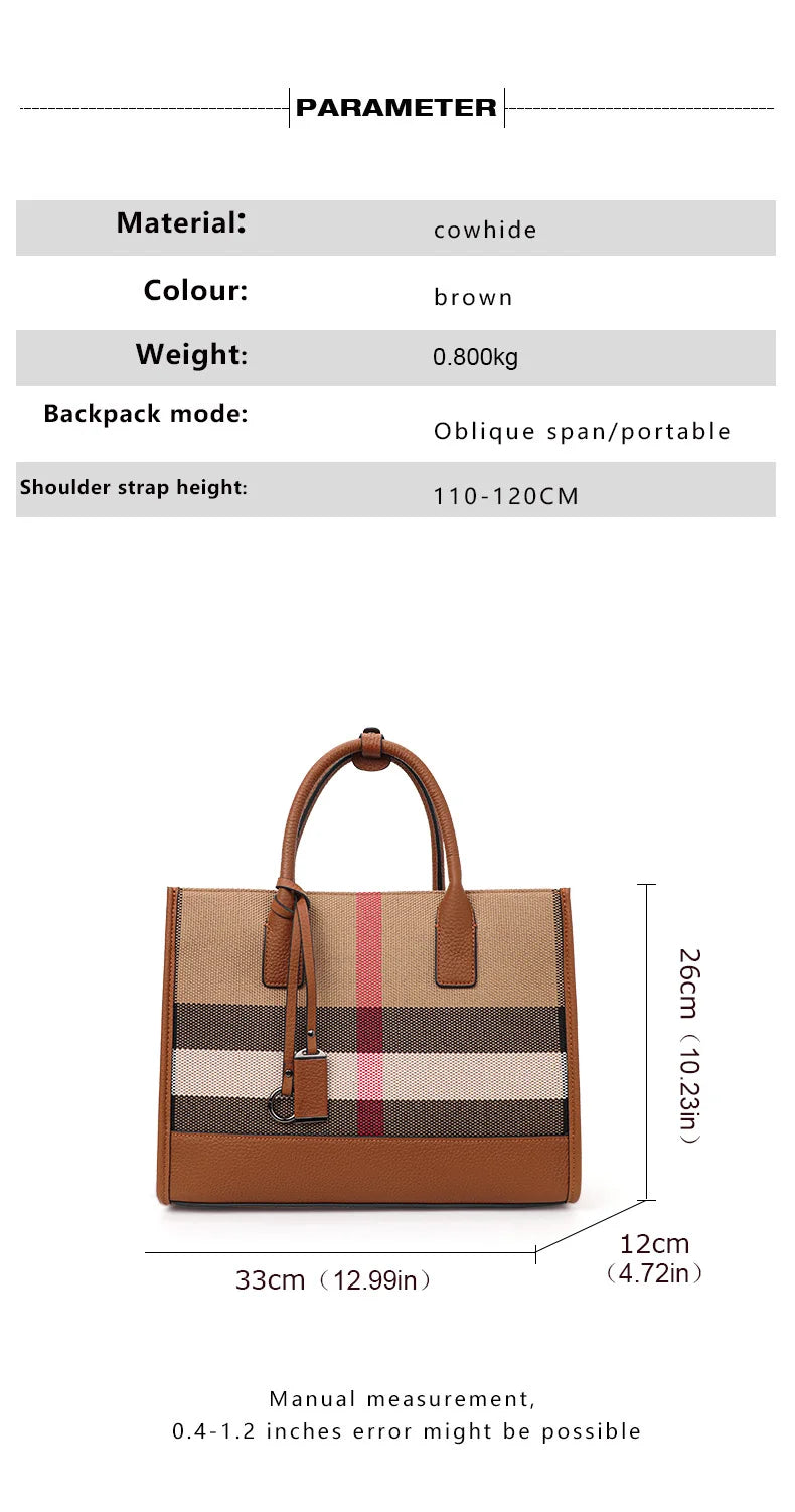 Aidrani Women’s Plaid Canvas Handbag – Classic Large Capacity Cowhide Single Shoulder Crossbody Bag
