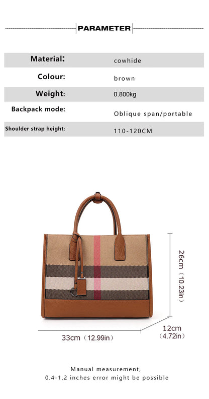 Aidrani Women’s Plaid Canvas Handbag – Classic Large Capacity Cowhide Single Shoulder Crossbody Bag