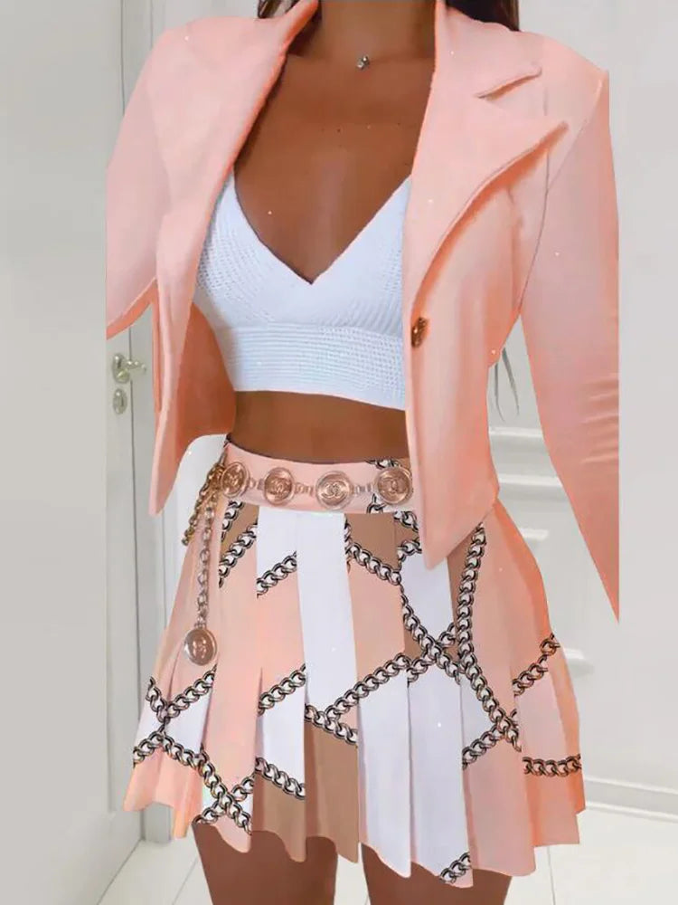 Women’s Summer Two-Piece Skirt Set – Printed Slim-Fit Office & Casual Pleated Skirt Outfit for Party & Matching Looks