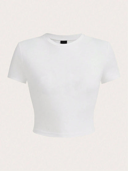 Y2K Women’s Solid Cotton Crop Top – Short Sleeve, High-Elastic O-Neck T-Shirt for Summer Streetwear & Sporty Fashion