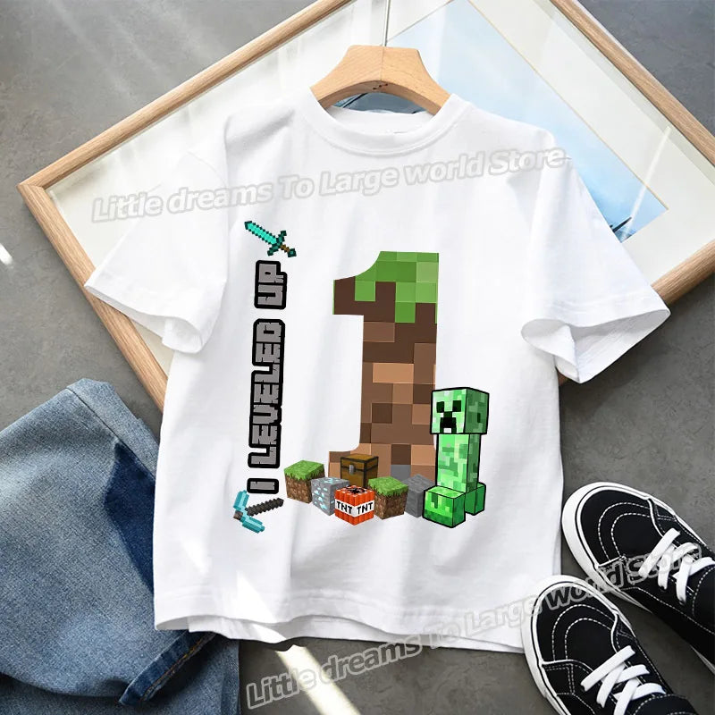 Miner Crafting Birthday Number T-Shirt – Cartoon Summer Short Sleeve Tops for Boys Party Gift