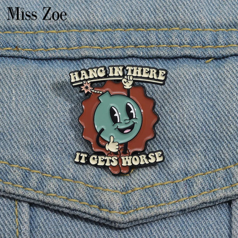 Cartoon Bomb Enamel Pin – Funny "Hang in There It Gets Worse" Brooch Lapel Badge Jewelry Gift for Friends