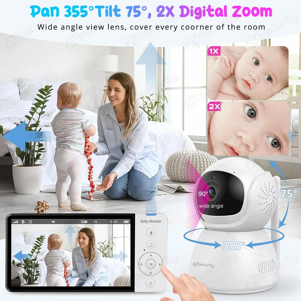 5'' IPS Screen Pan-Tilt-Zoom Video Baby Monitor – 30H Battery, 2-Way Talk, Night Vision, Temperature Sensor & Lullabies, SD Card Support Baby Camera