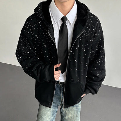 Men’s Faux Fur Patchwork Hoodie - Diamond Design Zip-Up Sweater with Loose Fit