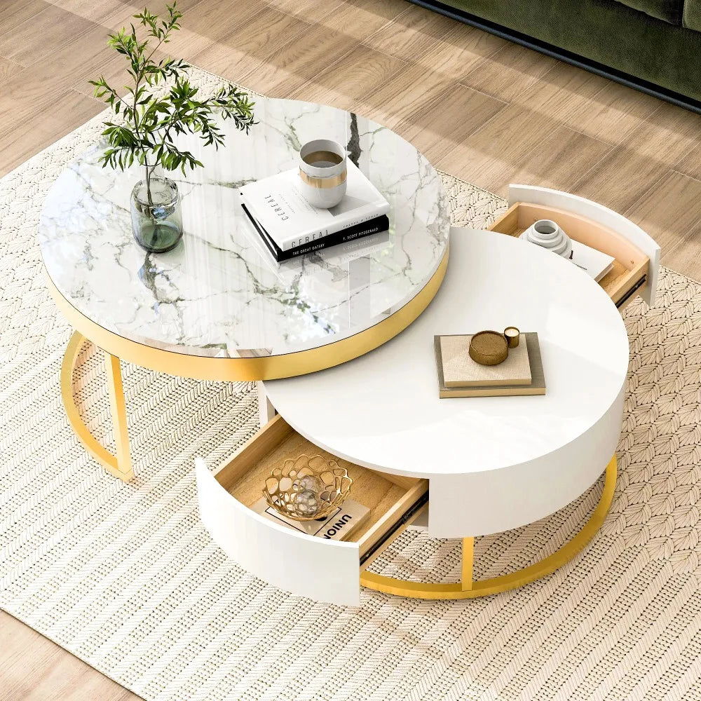 Set of 2 Round Gold Nesting Coffee Tables — Storage Drawer Living Room Furniture