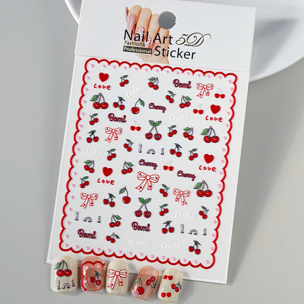 5D Macaron Nail Stickers - Embossed Flower, Fruit, Bear & Rabbit Charms for Summer DIY Manicure Decoration