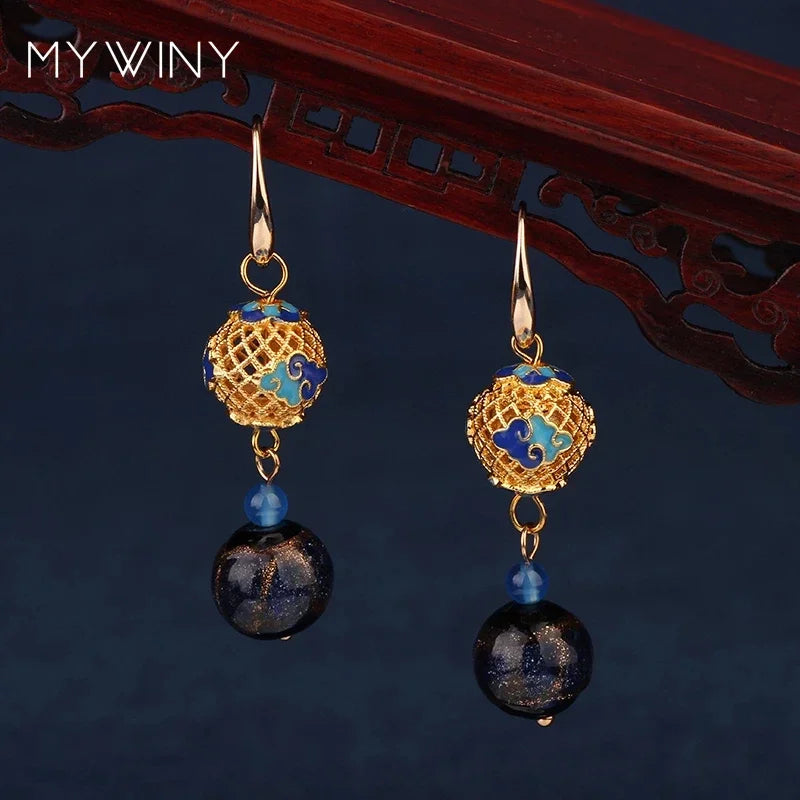 Vintage Flower Drop Earrings - Natural Stone Ethnic Jewelry for Women