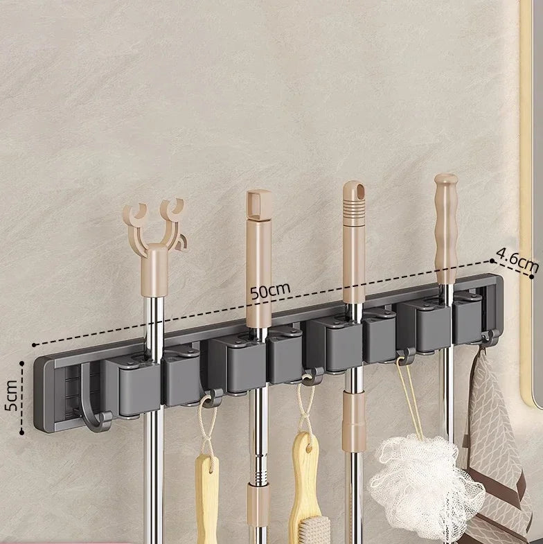 Wall-Mounted Mop & Broom Organizer — Strong Mop Holder Rack with 5 Hooks for Hanging Brooms and Cleaning Tools