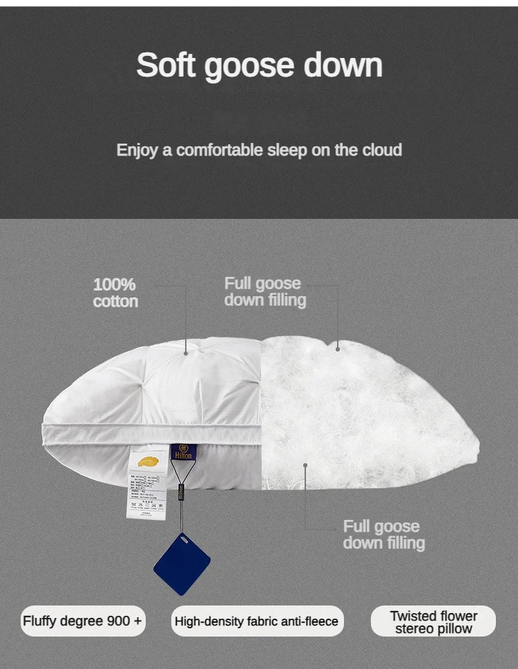 95% Goose Down Pillow – White Cotton Cover, 5-Star Hotel Quality, Low/Mid/High Loft for Sleeping, Rectangle Shape