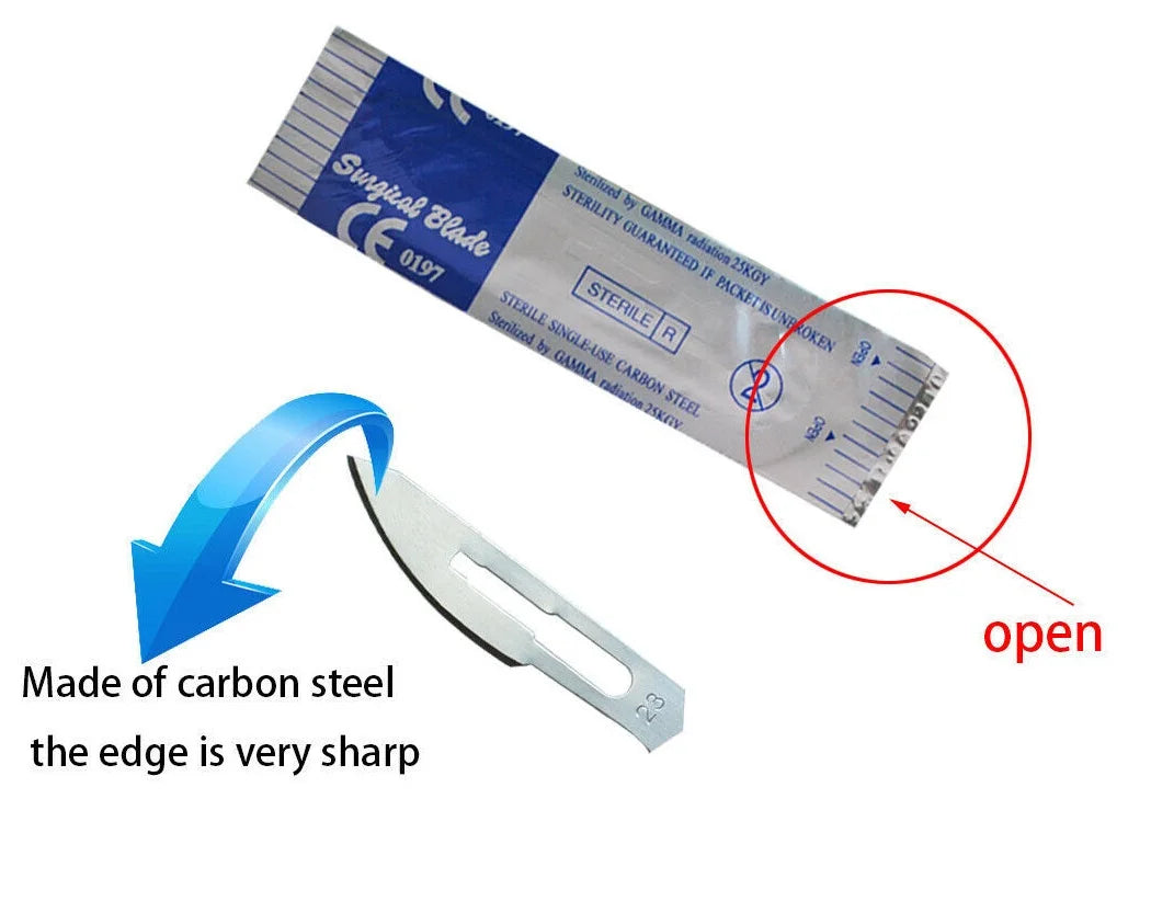 100pcs Sterilized Dental Surgical Blades — Carbon Steel Scalpel Knife Handles for Beauty, DIY, & Mobile Phone Repair Disposable Tools