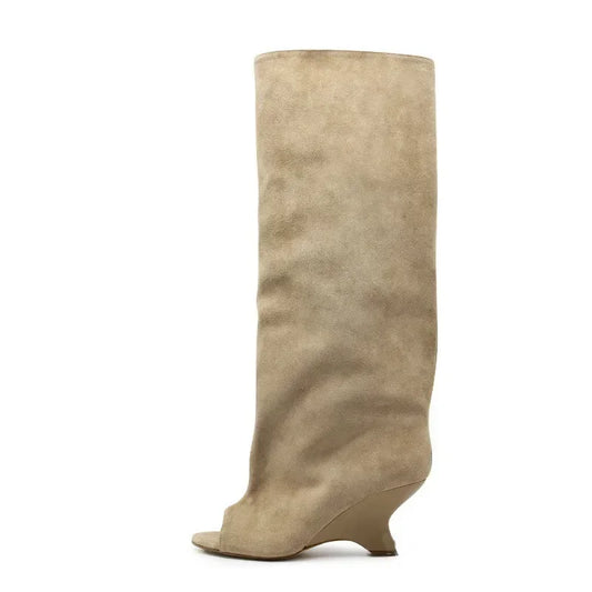 2025 Women’s Fish Mouth Knee-High Boots – Thick Slant Heel Fashion High Heels Spring Summer Large Size