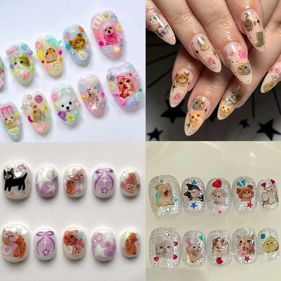 3D Animal Nail Art Stickers - Cute Cartoon Dog, Cat & Bunny Self-Adhesive Decals
