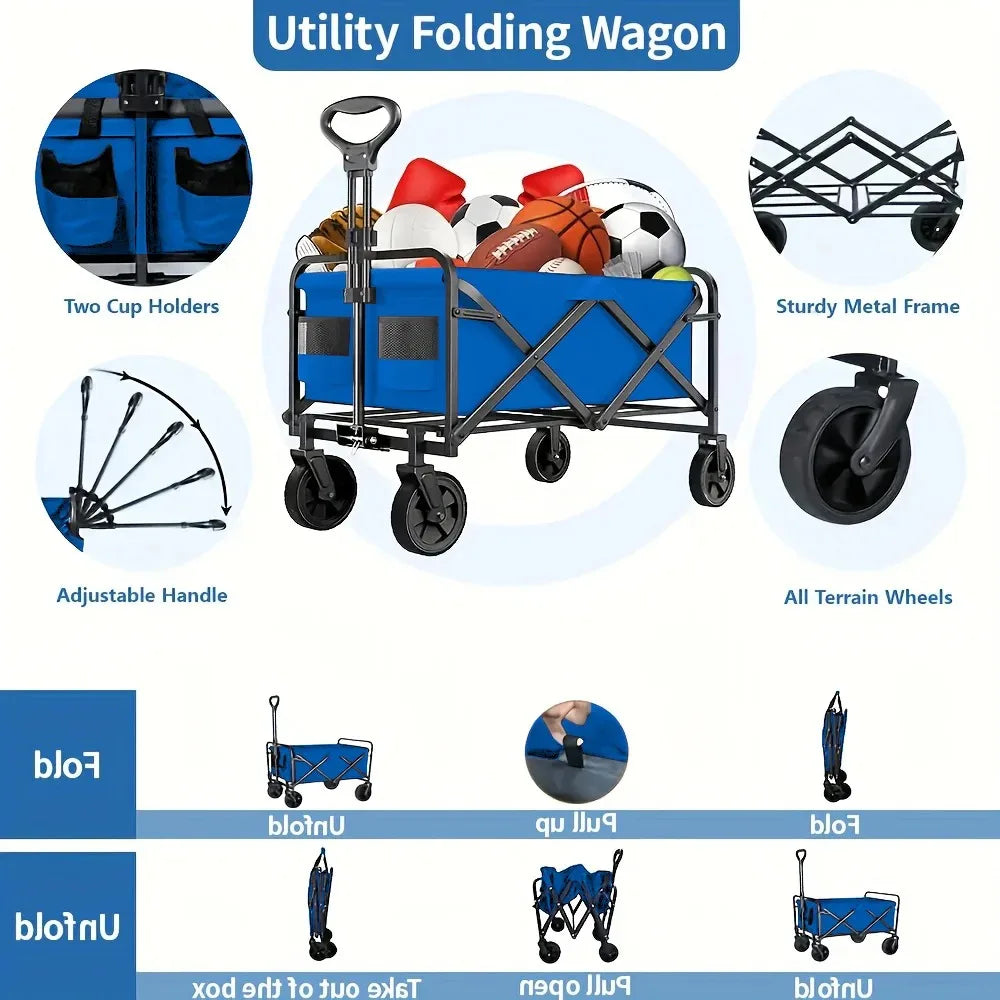 Foldable Heavy Duty Wagon Cart – Portable Utility Cart for Groceries, Sports, Gardening & Shopping, Includes Foldable Cat Storage