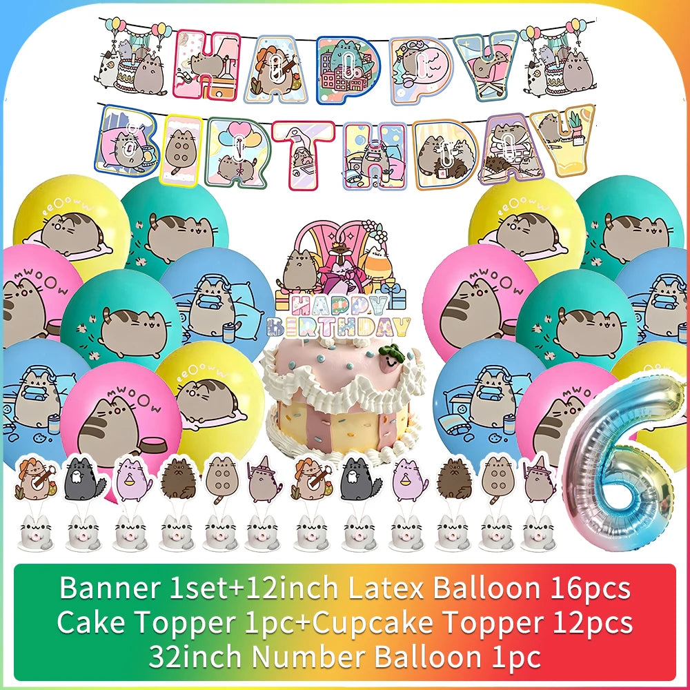 Cute Cat Birthday Party Decorations - Kawaii Balloon Set, Cake Toppers, Bunting Banner, and Party Backdrop Supplies
