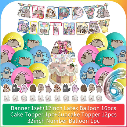 Cute Cat Birthday Party Decorations - Kawaii Balloon Set, Cake Toppers, Bunting Banner, and Party Backdrop Supplies