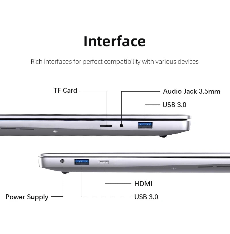 14.1" Ultra Slim Laptop – Intel Atom A3950, 12GB RAM, 1–2TB SSD, Windows 11 Pro, 1080P HD Notebook for Office & Study