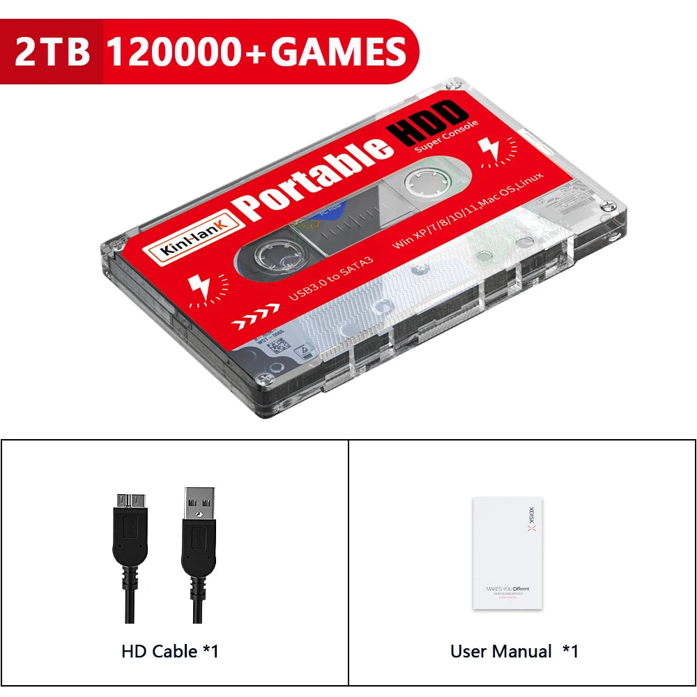 KINHANK Super Console 2TB Portable Retro Game HDD – 120,000+ Games for SS/MAME/DC/NAOMI, Plug & Play for PC/Laptop, Kids Game Player