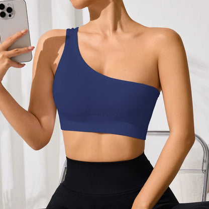 Seamless One Shoulder Yoga Sports Bra for Women – Mileegirl Ribbed Crop Top Quick Dry Gym Workout Bra
