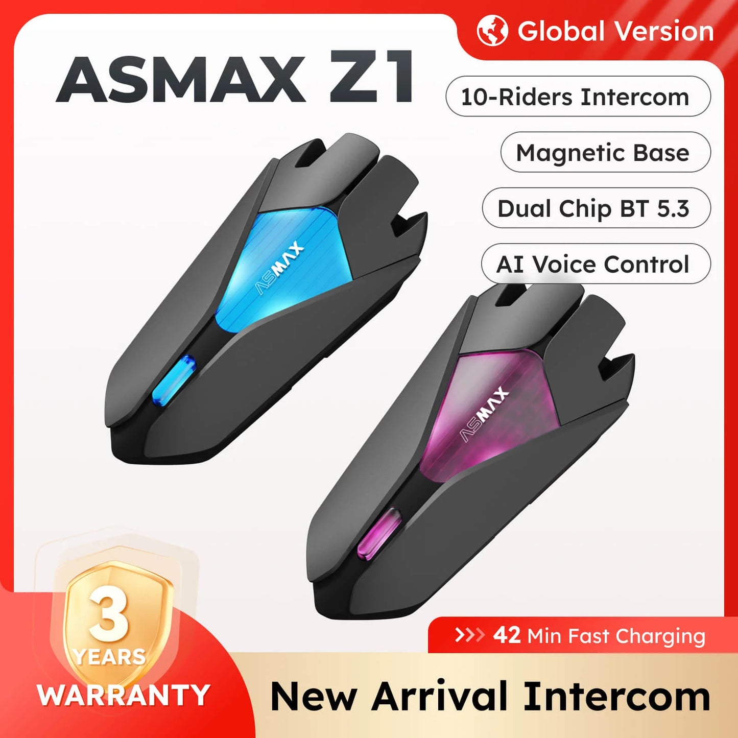ASMAX Z1 Motorcycle Bluetooth Intercom — IP67 Waterproof Helmet Headset with 2-Chip 8-Core, HiFi Speakers, ENC, Fast Charging