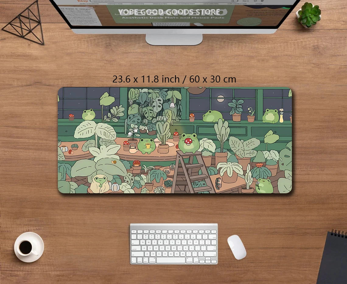 Kawaii Frogs XXL Desk Mat – Cute Anime Aesthetic Gaming Mousepad, Green Nature & Lofi Plant Extended Mouse Pad