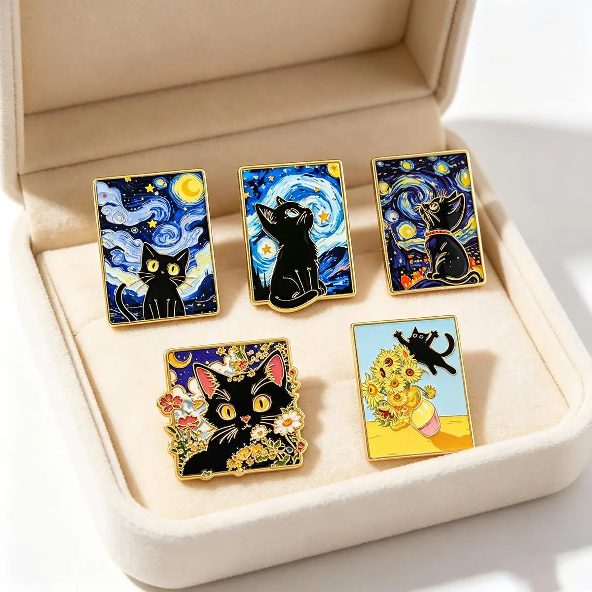 5-Piece Van Gogh Art Black Cat Enamel Pin Set - Cartoon Metal Brooches for Backpacks, Clothing, and Art Lovers’ Gifts