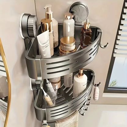 Space-Saving Suction Cup Bathroom Shelf — No-Drill Triangular Rack with Hooks for Shower & Toilet Storage