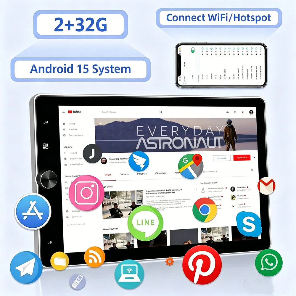 10 Inch Android 15 Car Stereo - Universal Double DIN Rotatable Touchscreen with Wireless CarPlay, GPS, Bluetooth, WiFi & Backup Camera Support