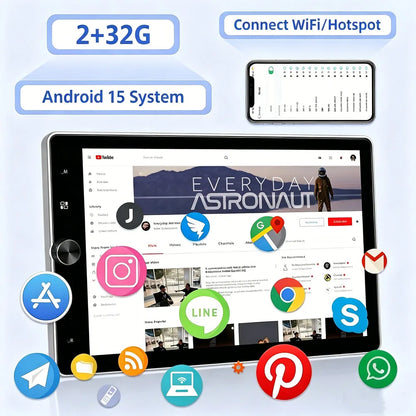10 Inch Android 15 Car Stereo - Universal Double DIN Rotatable Touchscreen with Wireless CarPlay, GPS, Bluetooth, WiFi & Backup Camera Support