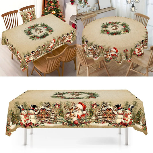 Vintage Christmas Tablecloth – Santa & Snowman Table Cover for Home, 2025 Xmas & 2026 New Year Decorations