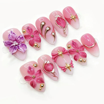 24PCS Strawberry Bow Press On Nails - Red Short Almond Pearl Starlight Floral False Nail Art Tips