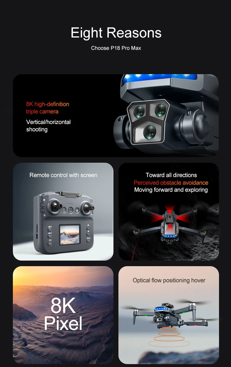 P18 RC Drone with Dual 8K Cameras – Obstacle Avoidance Professional Quadcopter with Electronic Control, Kids Gift Toy