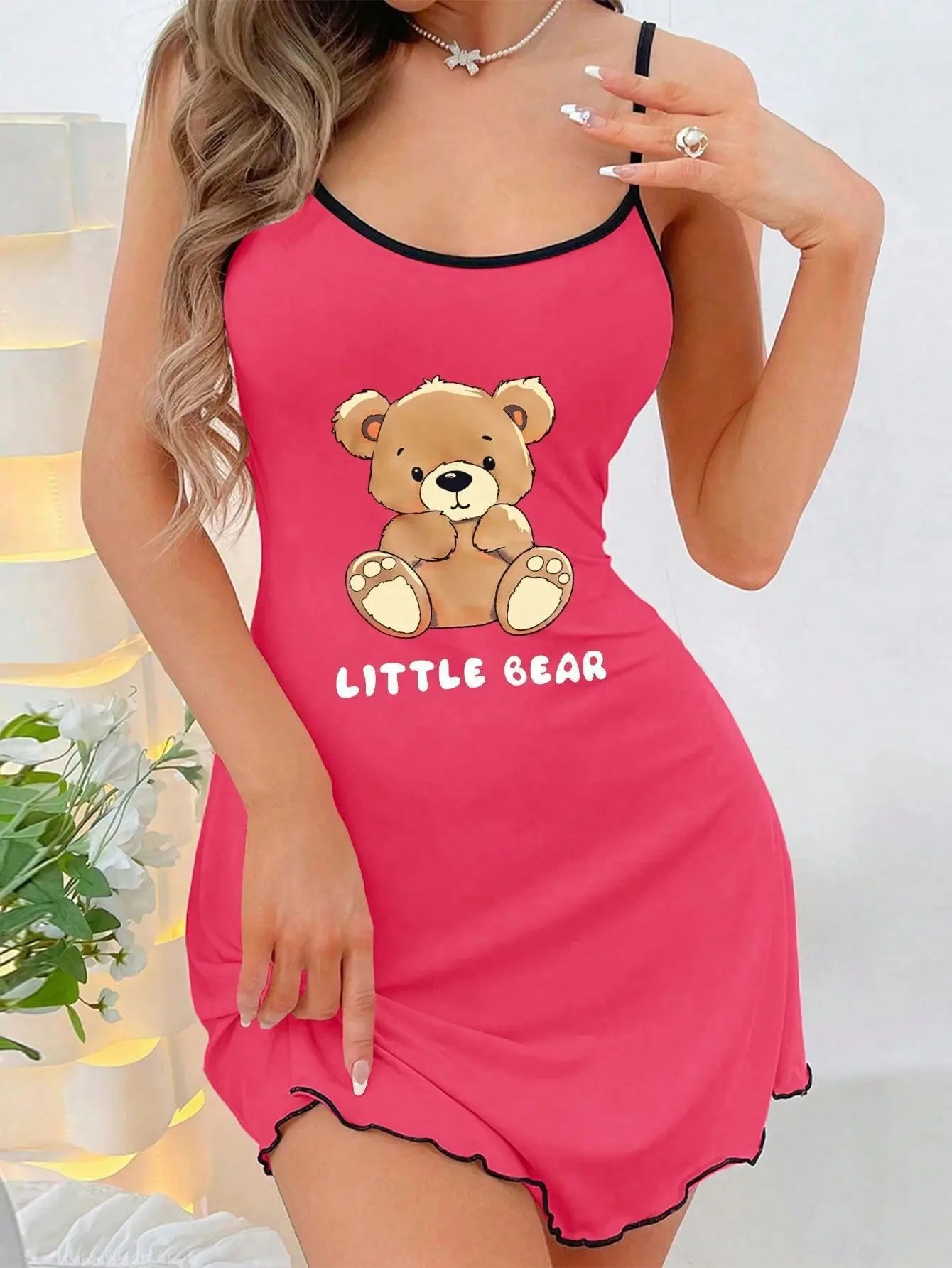 Women’s Little Bear Cami Nightgown - Cute Y2K Spaghetti Strap Mini Sleep Dress Loungewear