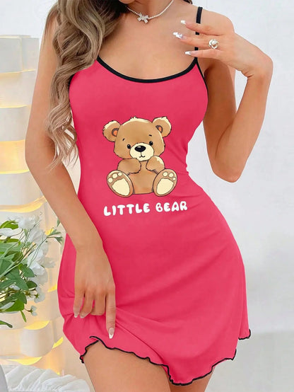 Women’s Little Bear Cami Nightgown - Cute Y2K Spaghetti Strap Mini Sleep Dress Loungewear